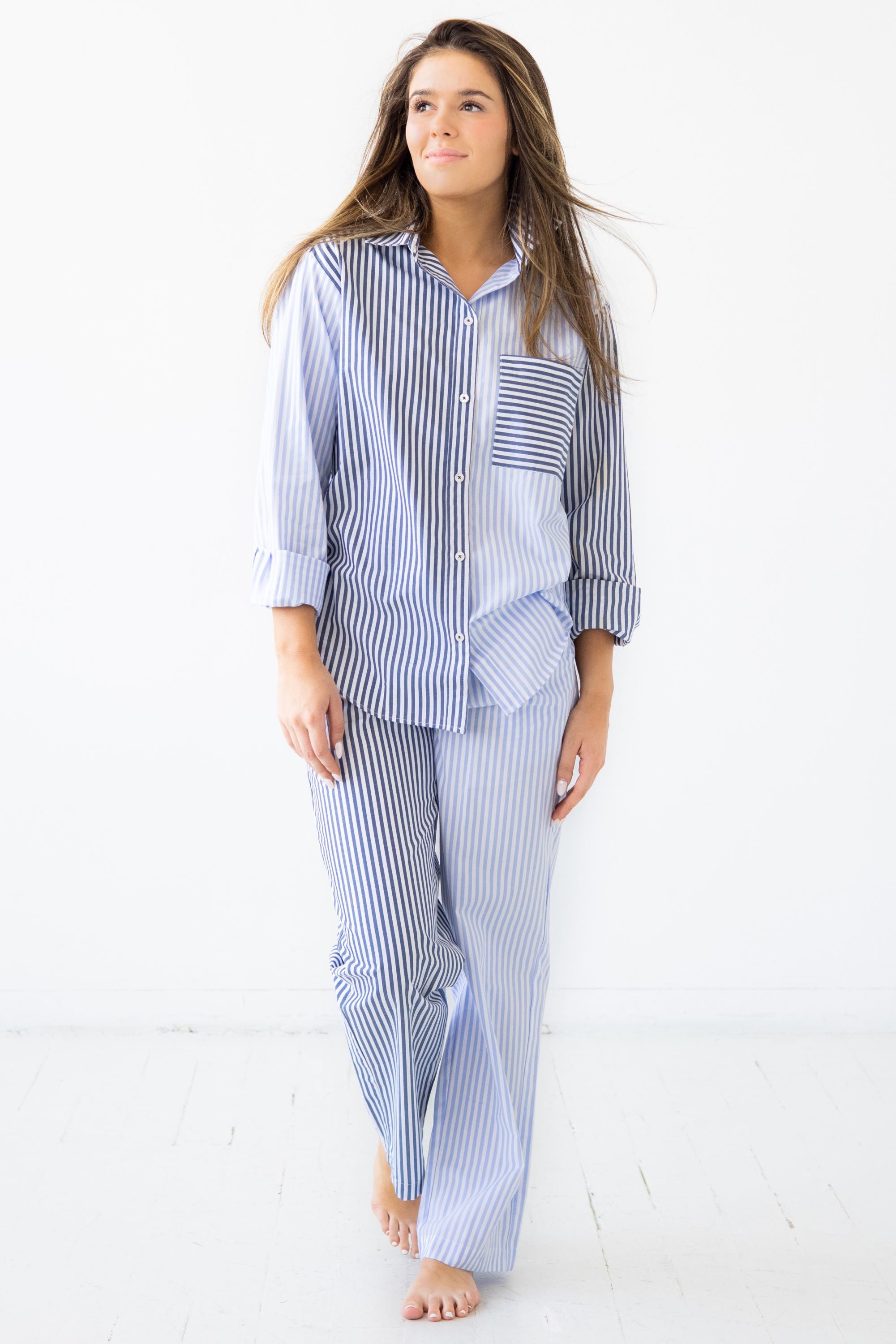 Resort Pajamas Set - Full Length Cotton Sleepwear With Button Down Top & Pockets