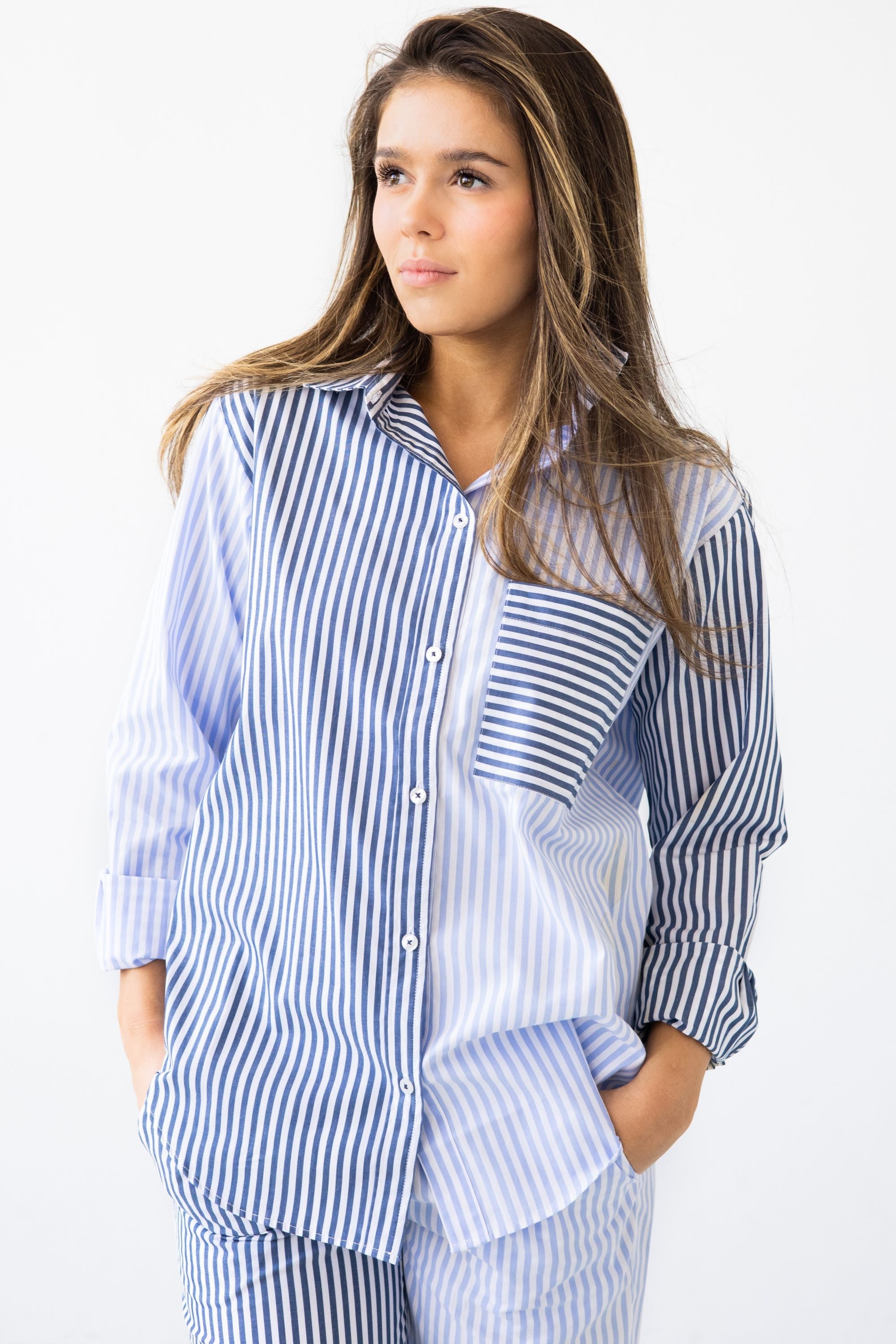 Resort Pajamas Set - Full Length Cotton Sleepwear With Button Down Top & Pockets