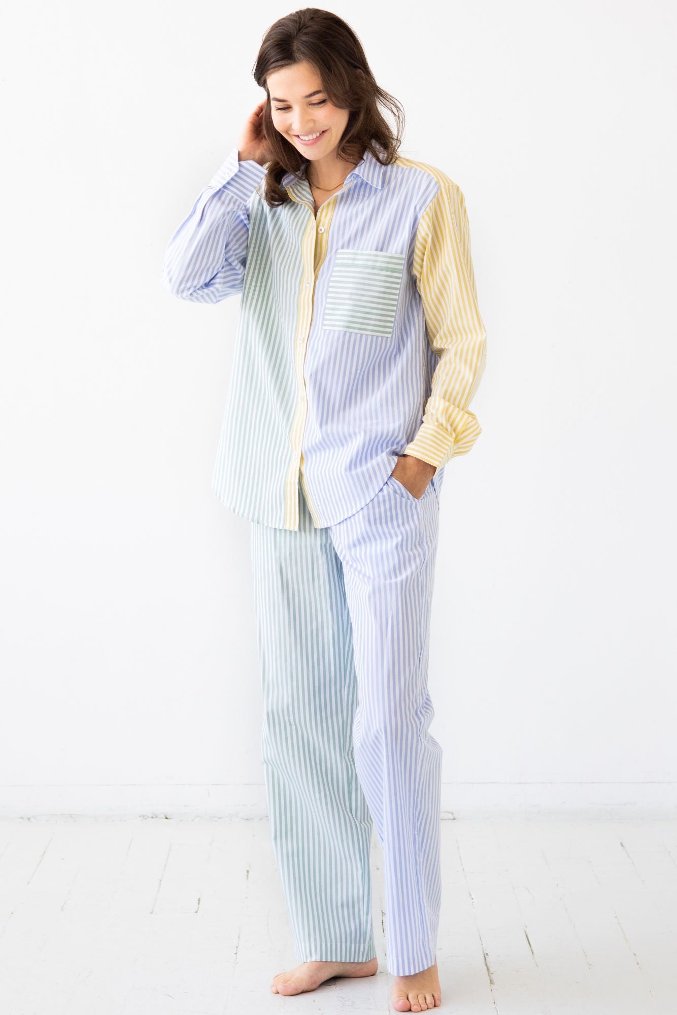 Resort Pajamas Set - Full Length Cotton Sleepwear With Button Down Top & Pockets