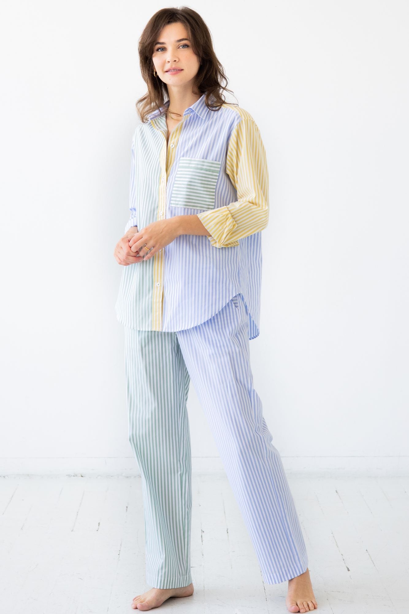 Resort Pajamas Set - Full Length Cotton Sleepwear With Button Down Top & Pockets