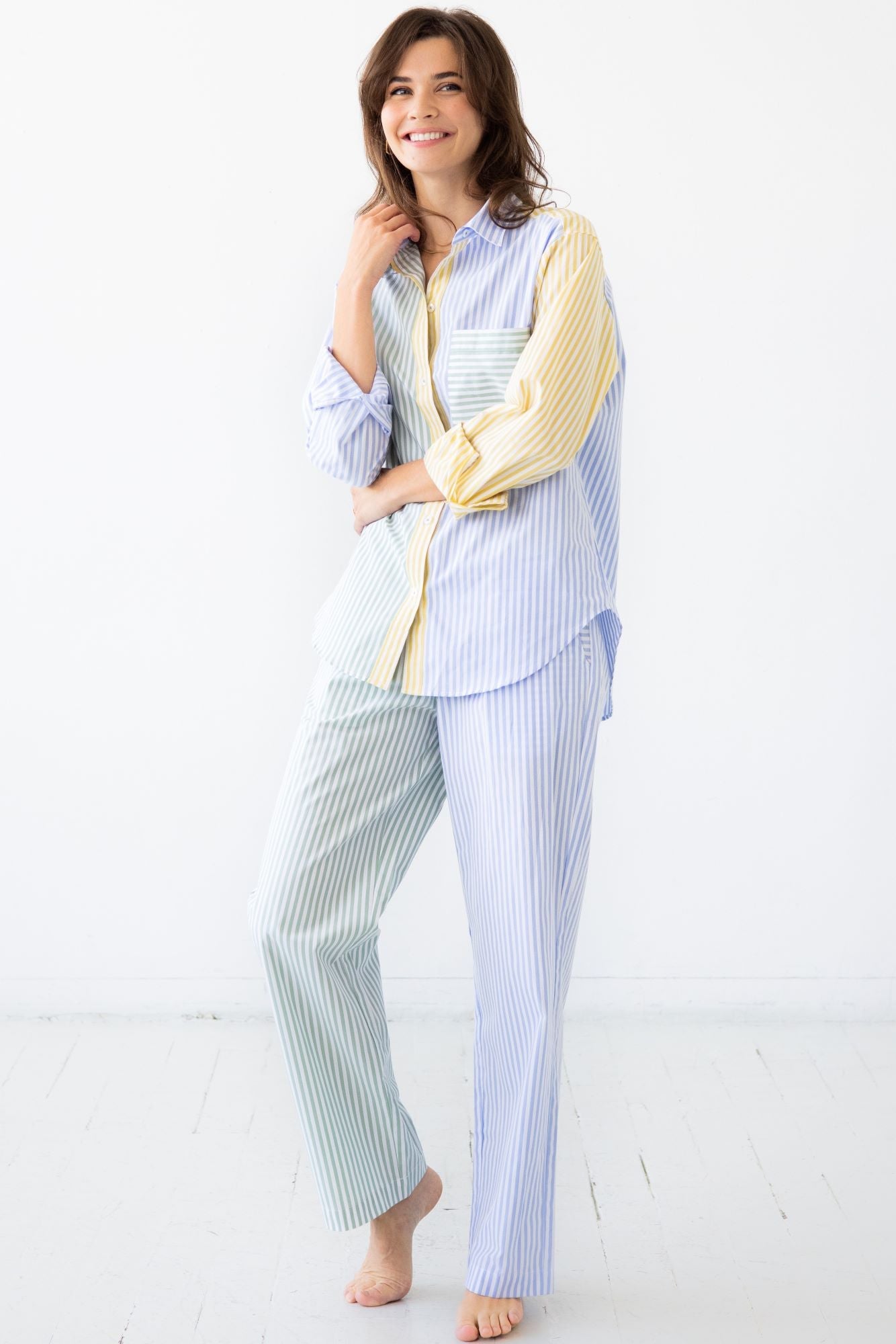 Resort Pajamas Set - Full Length Cotton Sleepwear With Button Down Top & Pockets