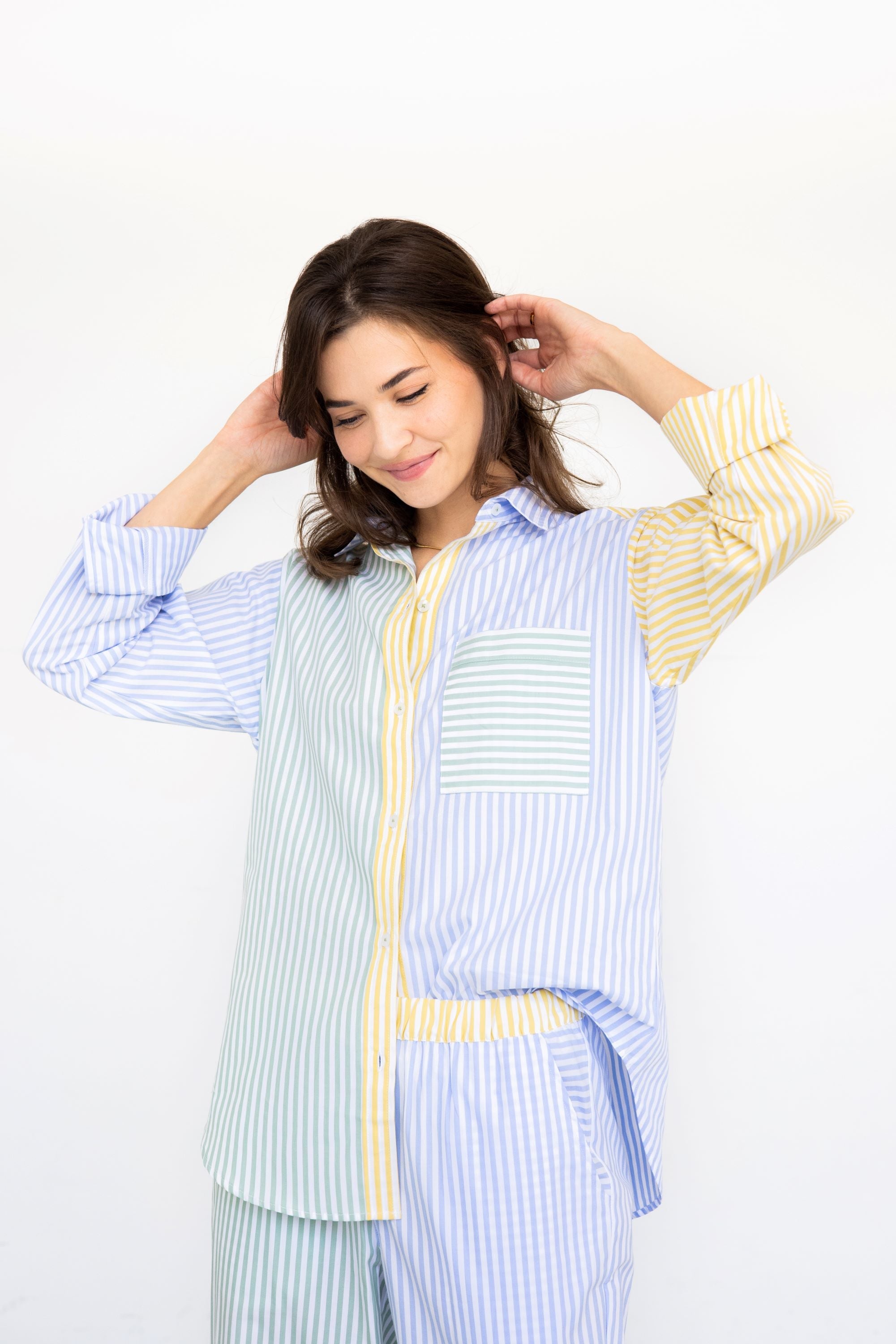 Resort Pajamas Set - Full Length Cotton Sleepwear With Button Down Top & Pockets