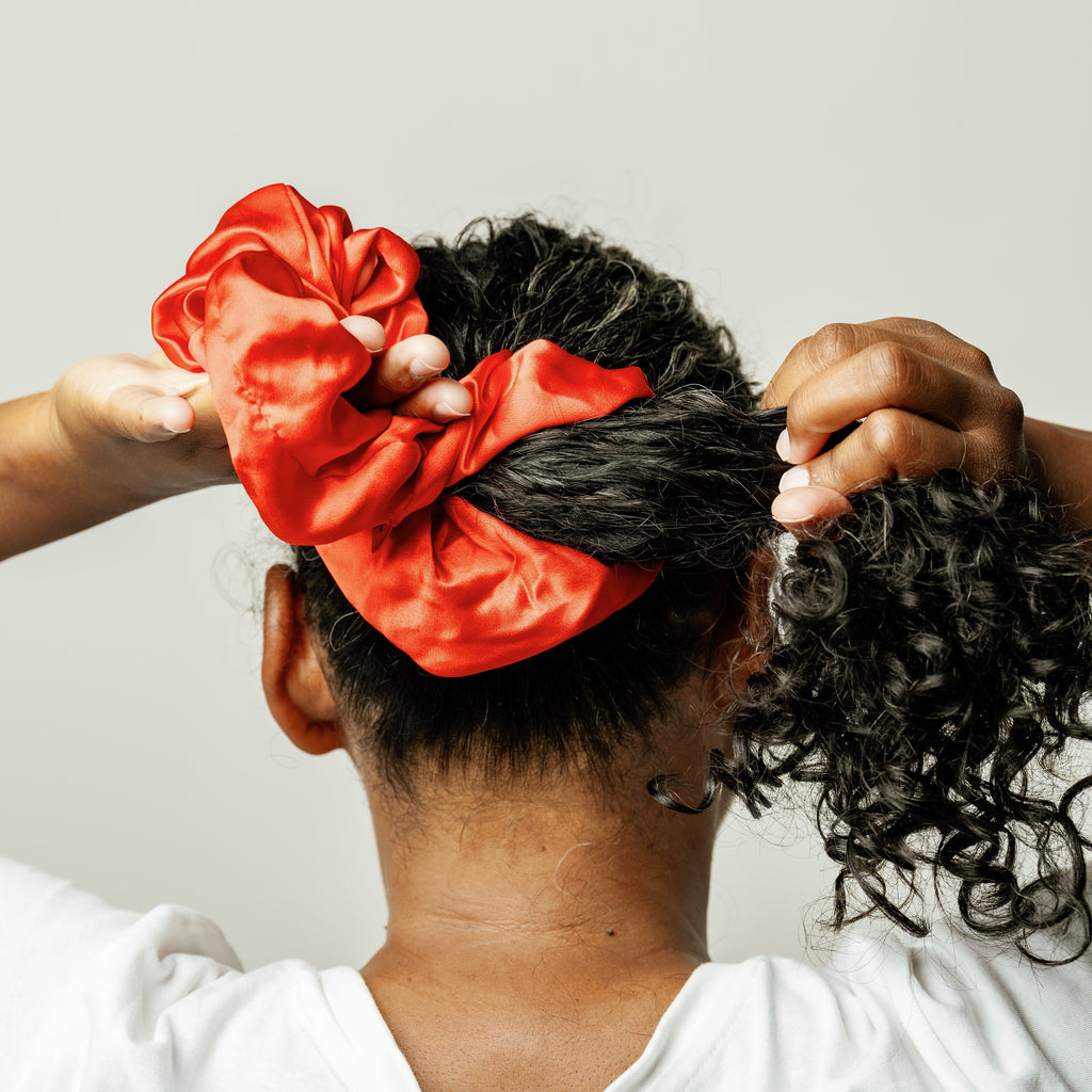 Organic Silk Scrunchie – Oversized Mulberry Silk Ponytail Holder, Red