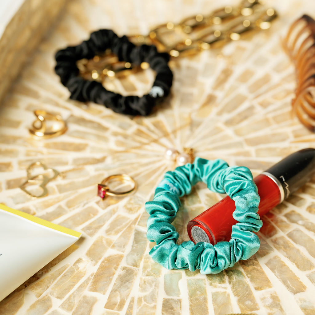 Organic Silk Scrunchie – Small Jade Green Mulberry Silk Hair Tie, 22 Momme