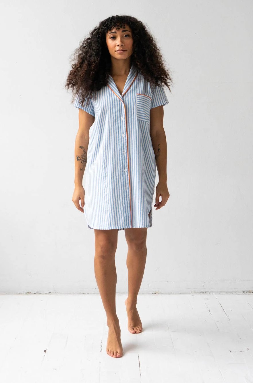 Shawl Collar Shirt - Striped Boyfriend Cotton Woven Shirt for Sleep & Lounge