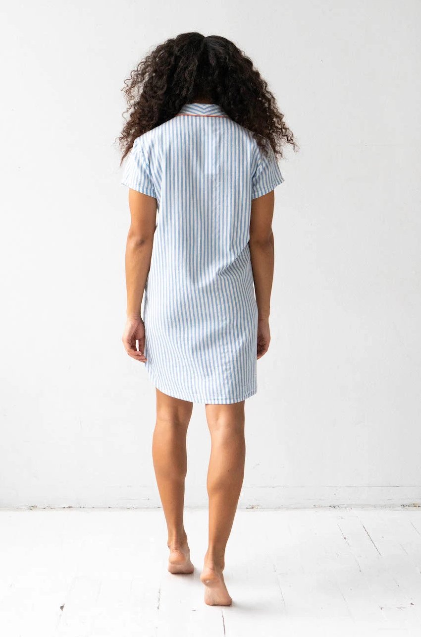 Shawl Collar Shirt - Striped Boyfriend Cotton Woven Shirt for Sleep & Lounge