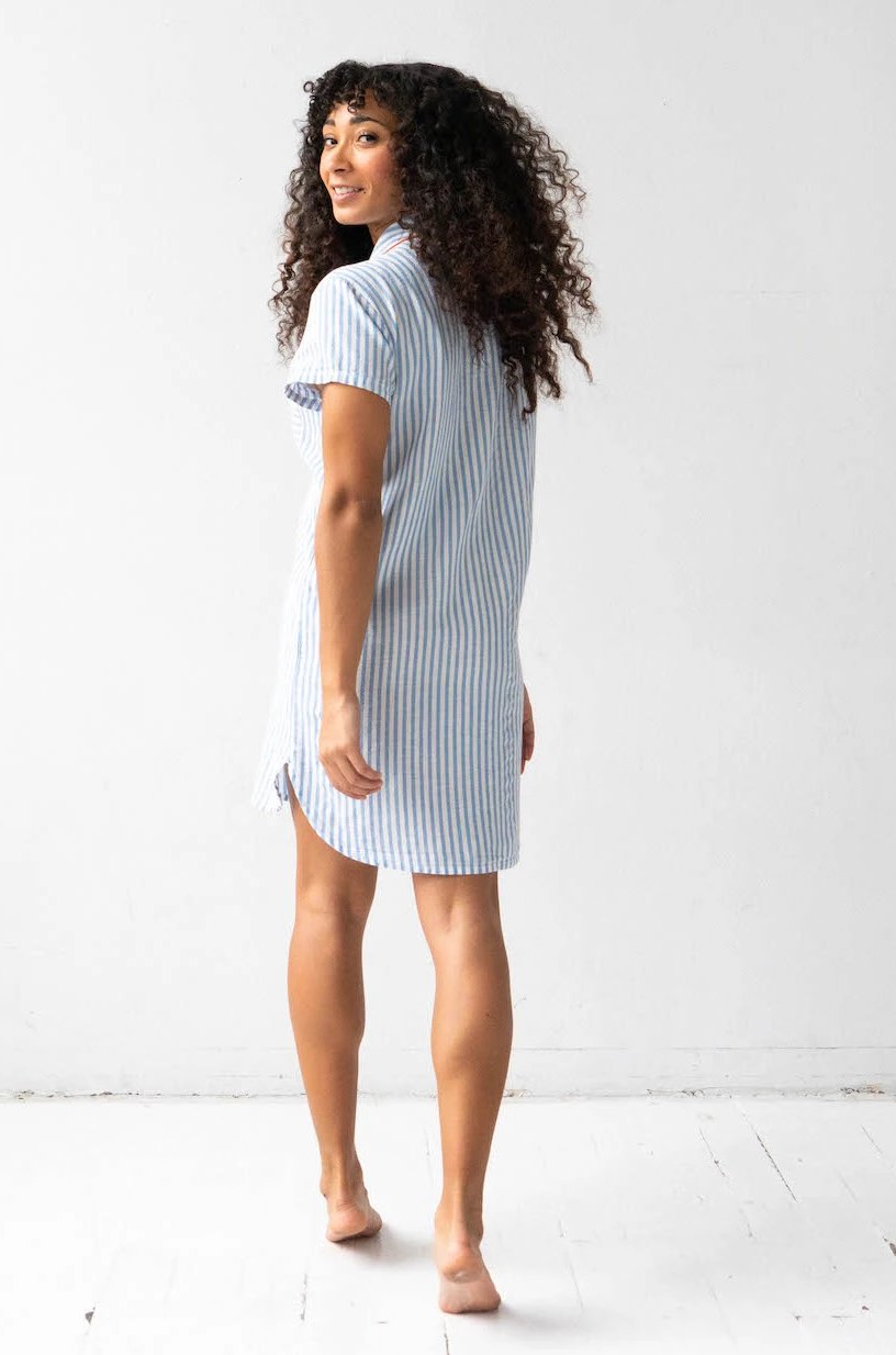 Shawl Collar Shirt - Striped Boyfriend Cotton Woven Shirt for Sleep & Lounge