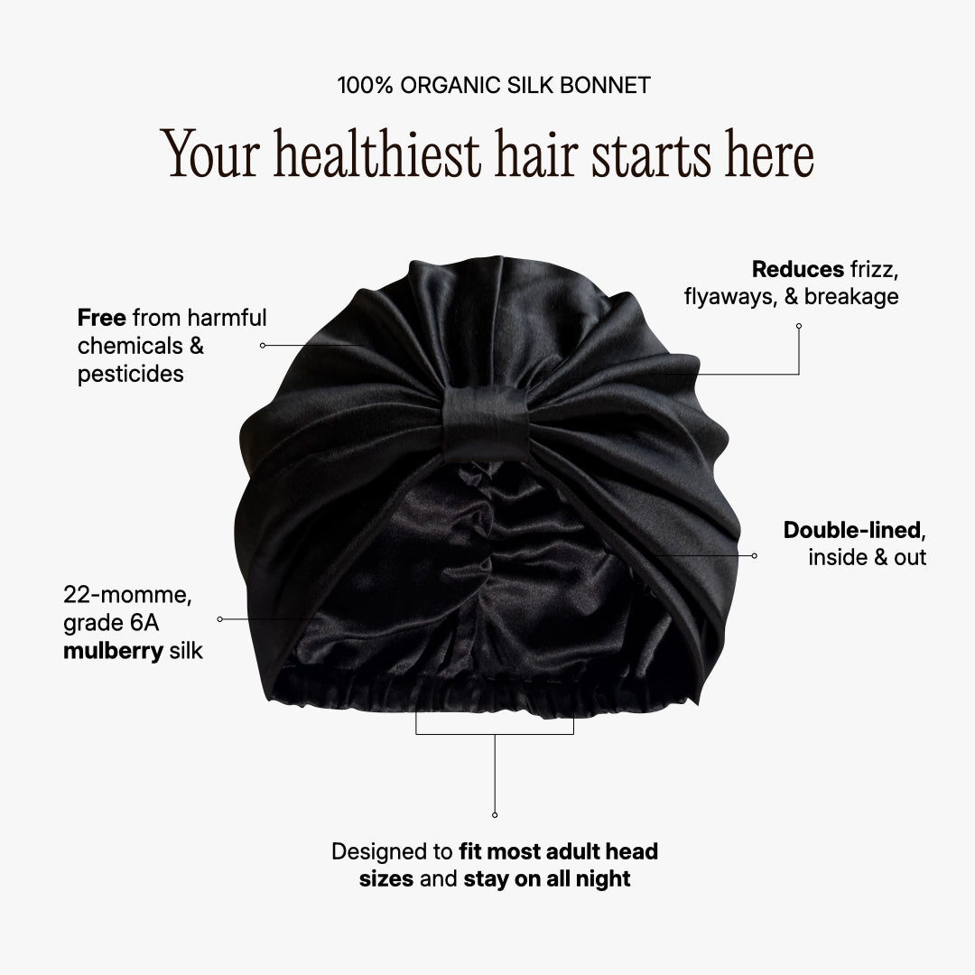 Organic Silk Hair Bonnet – Mulberry Silk Bonnet Black | Handmade 22-Momme Sleep Cap