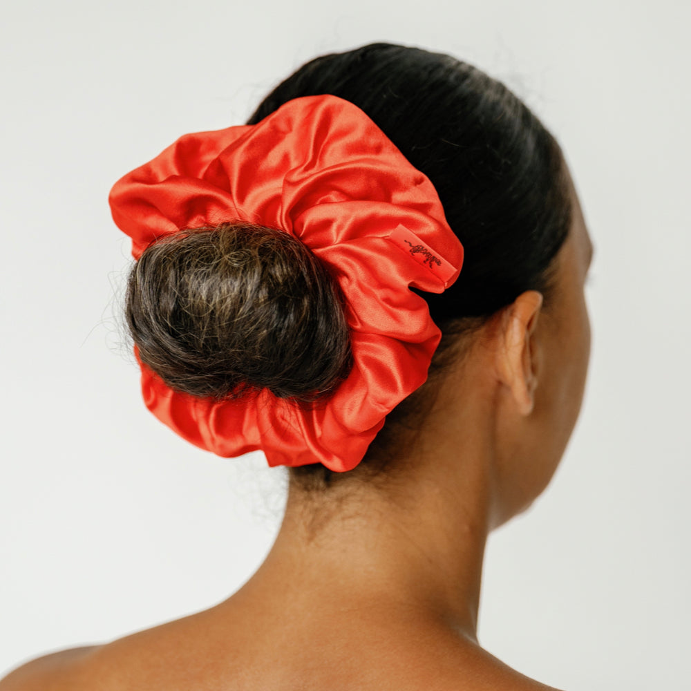Organic Silk Scrunchie – Oversized Mulberry Silk Ponytail Holder, Red
