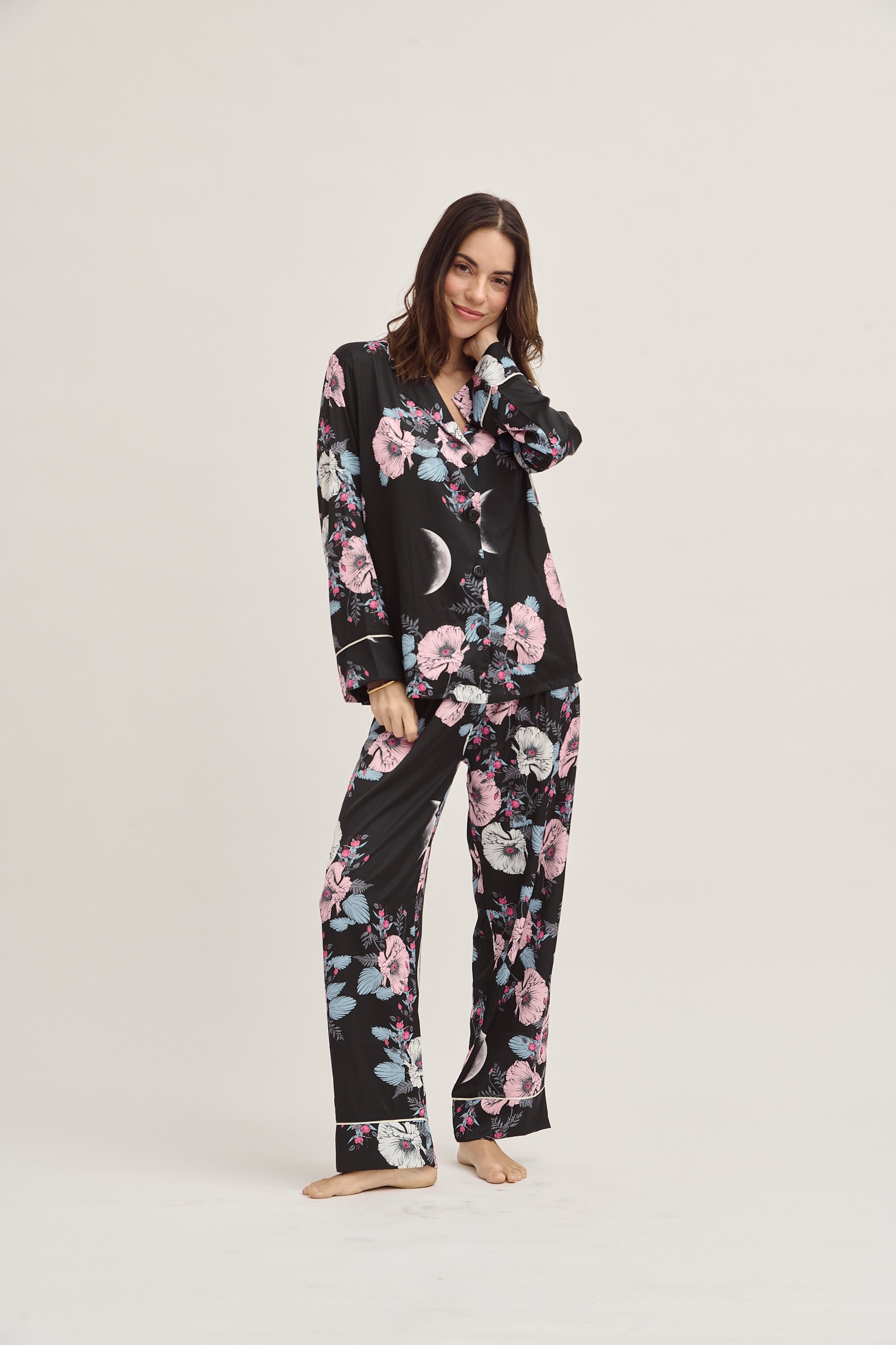 Washable Silk Pajamas - Luxury Blue Floral Pajama Set With Purple Moon Print