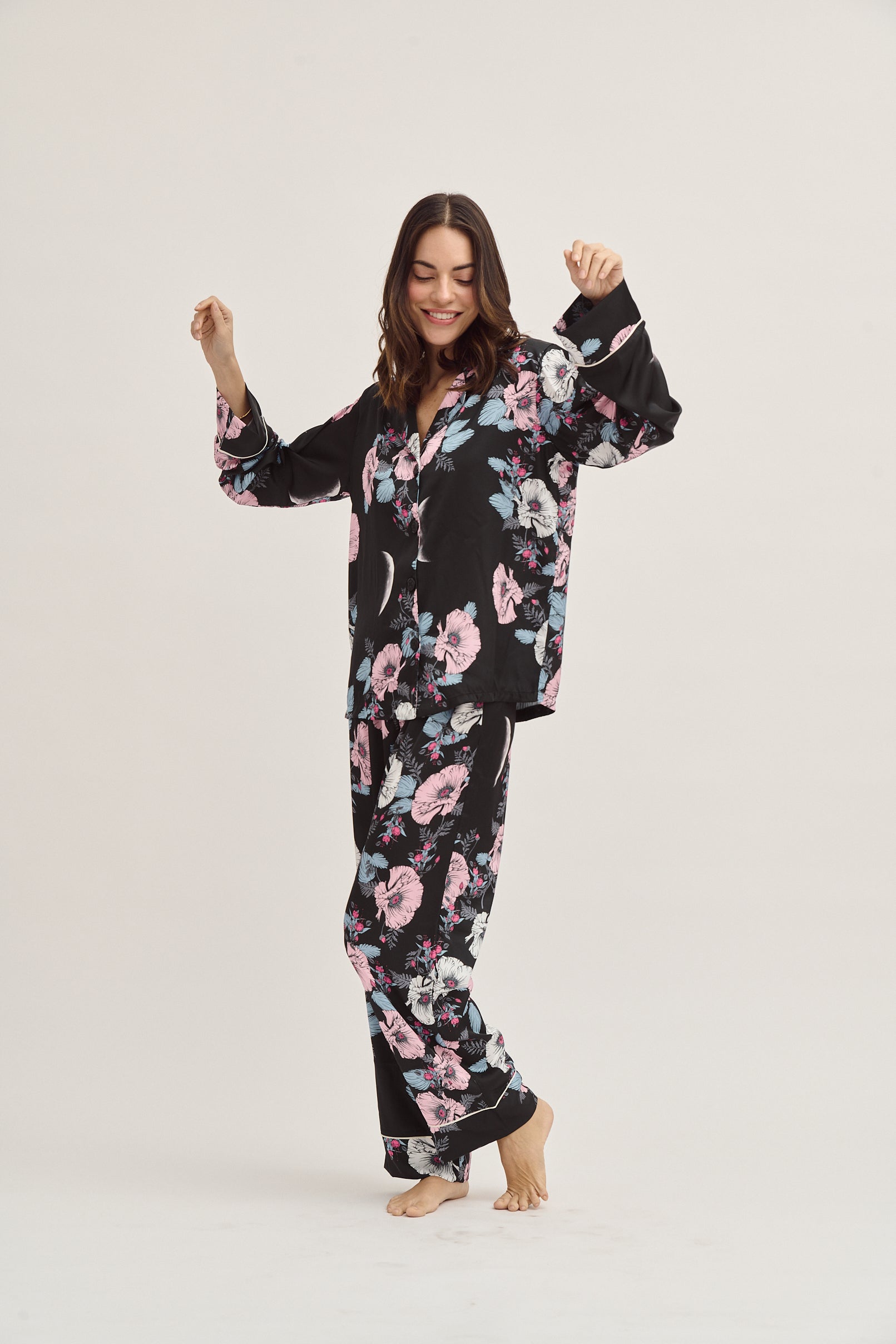 Washable Silk Pajamas - Luxury Blue Floral Pajama Set With Purple Moon Print