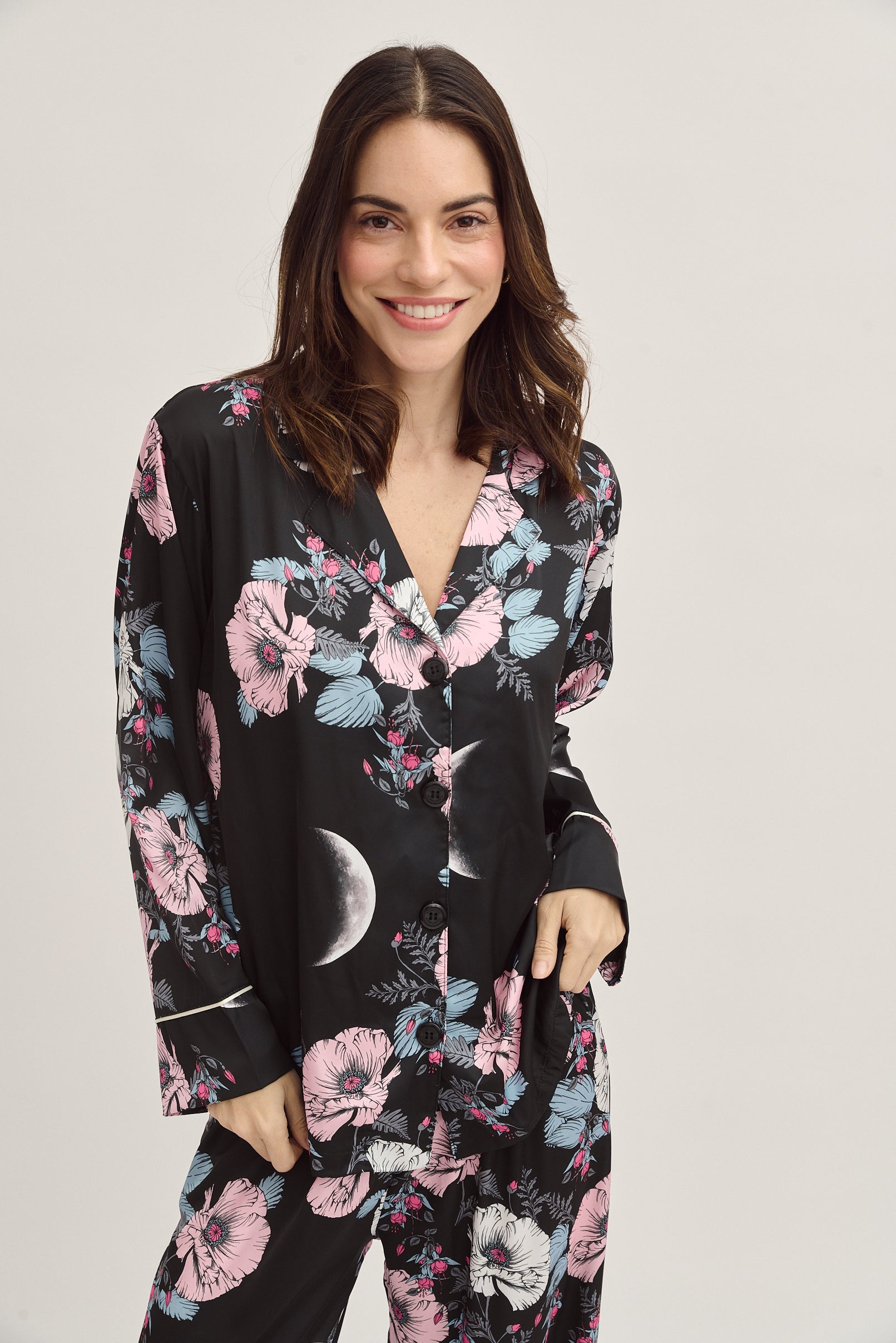 Washable Silk Pajamas - Luxury Blue Floral Pajama Set With Purple Moon Print