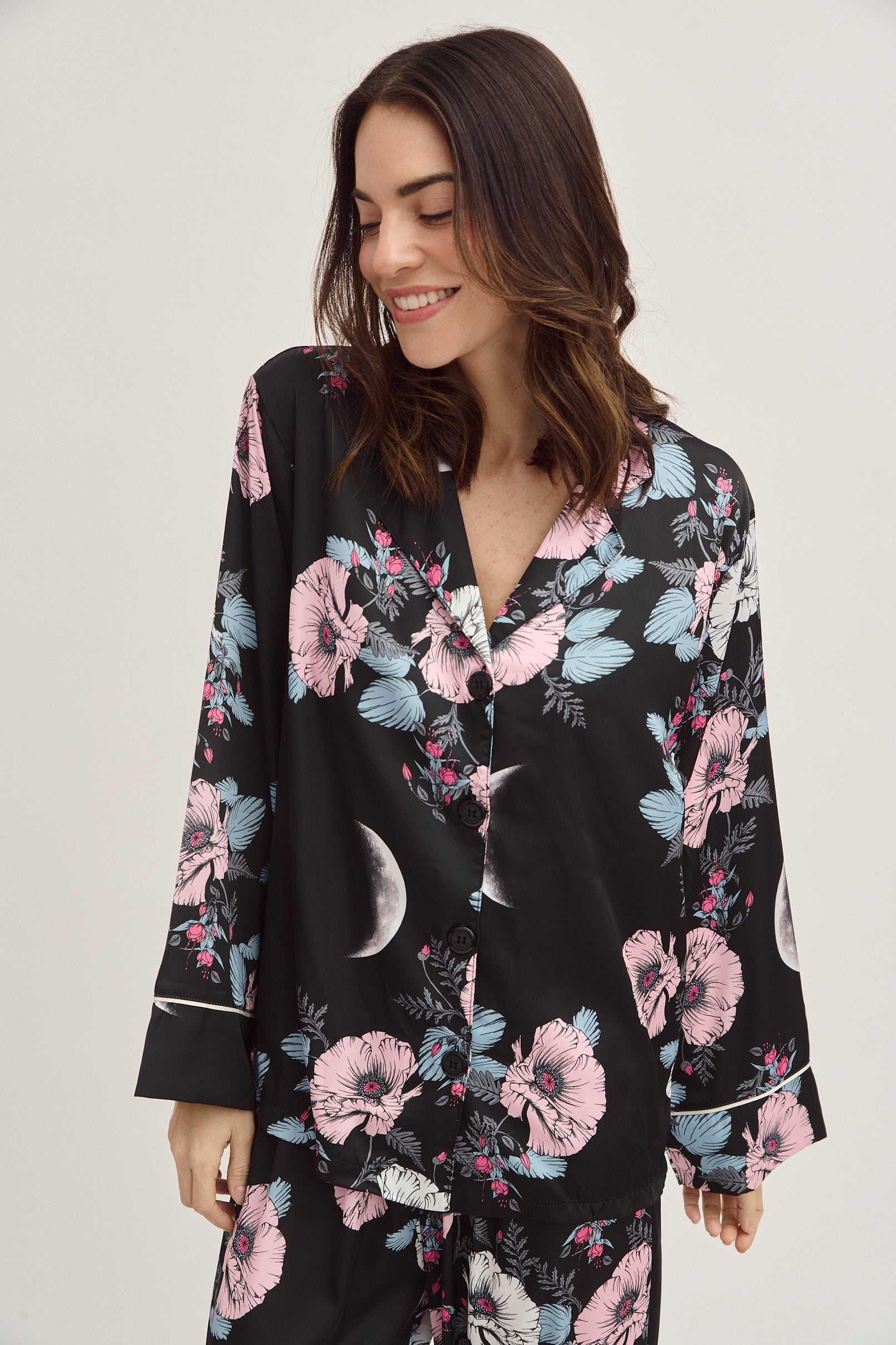 Washable Silk Pajamas - Luxury Blue Floral Pajama Set With Purple Moon Print