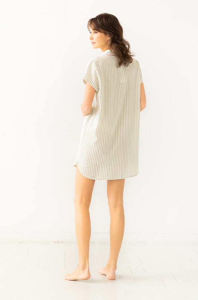 Shawl Collar Shirt - Striped Boyfriend Cotton Woven Shirt for Sleep & Lounge
