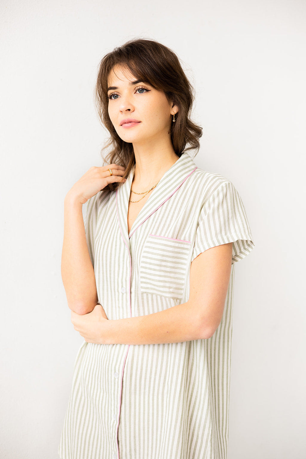 Shawl Collar Shirt - Striped Boyfriend Cotton Woven Shirt for Sleep & Lounge