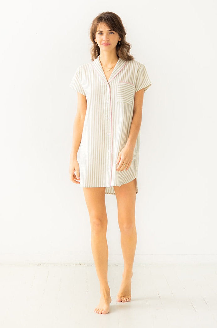 Shawl Collar Shirt - Striped Boyfriend Cotton Woven Shirt for Sleep & Lounge