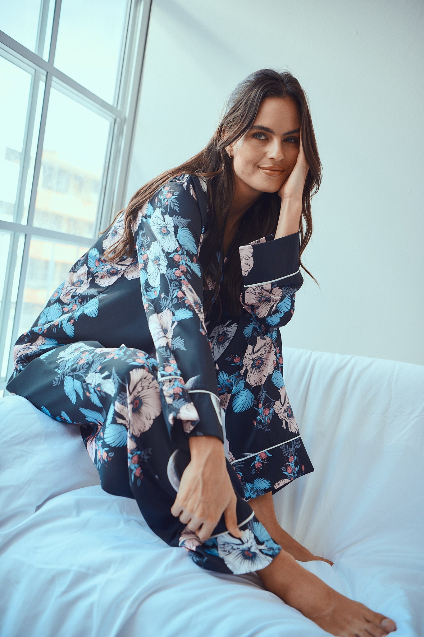 Washable Silk Pajamas - Luxury Blue Floral Pajama Set With Purple Moon Print