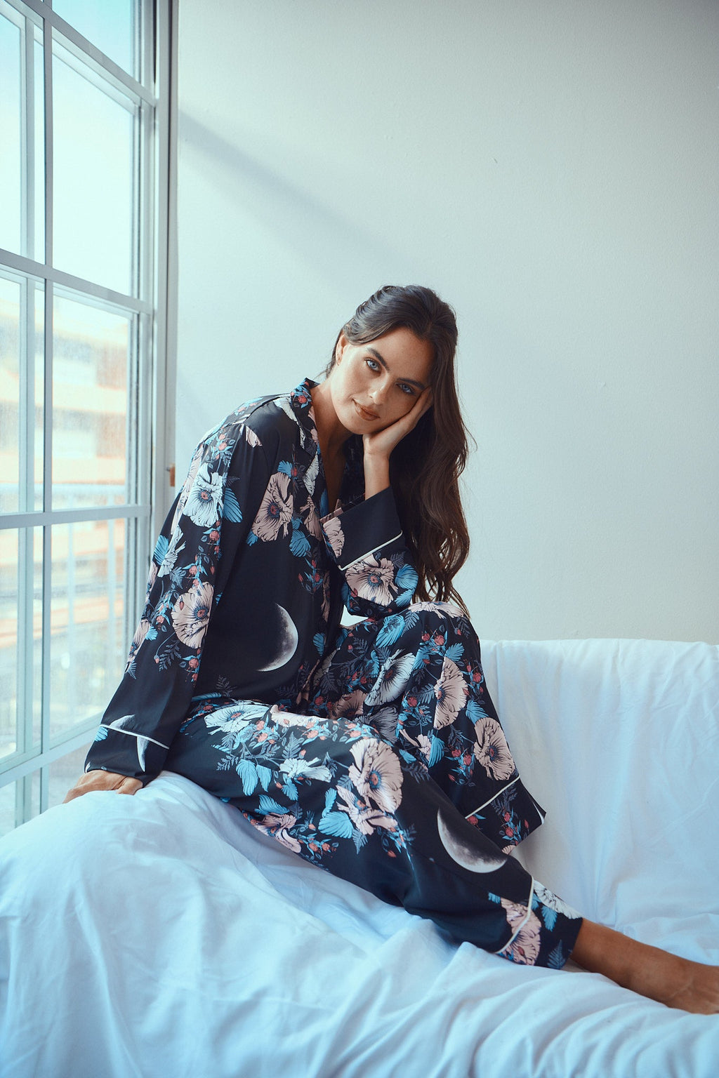 Washable Silk Pajamas - Luxury Blue Floral Pajama Set With Purple Moon Print