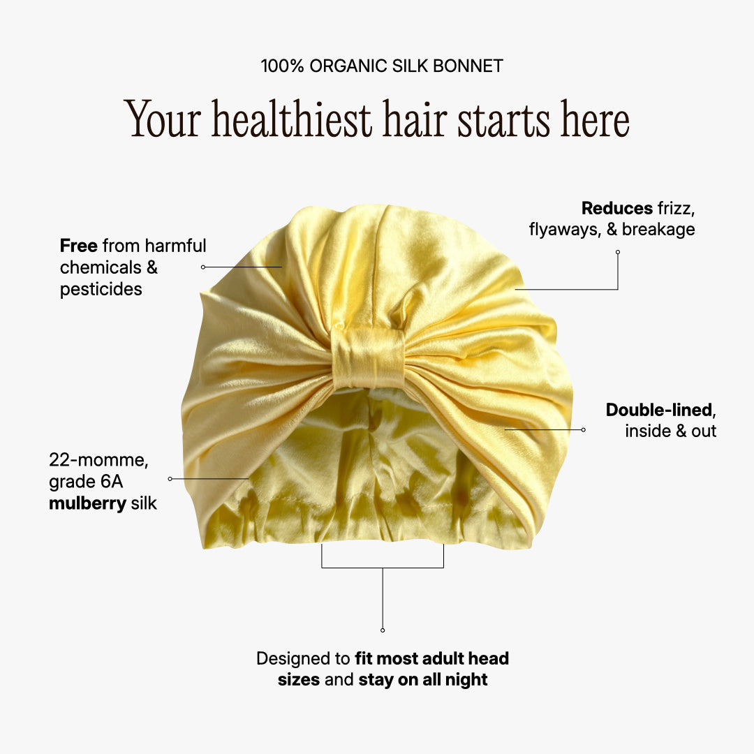 Organic Silk Hair Bonnet – Double Lined Mulberry Silk Yellow Bonnet for Hair Care