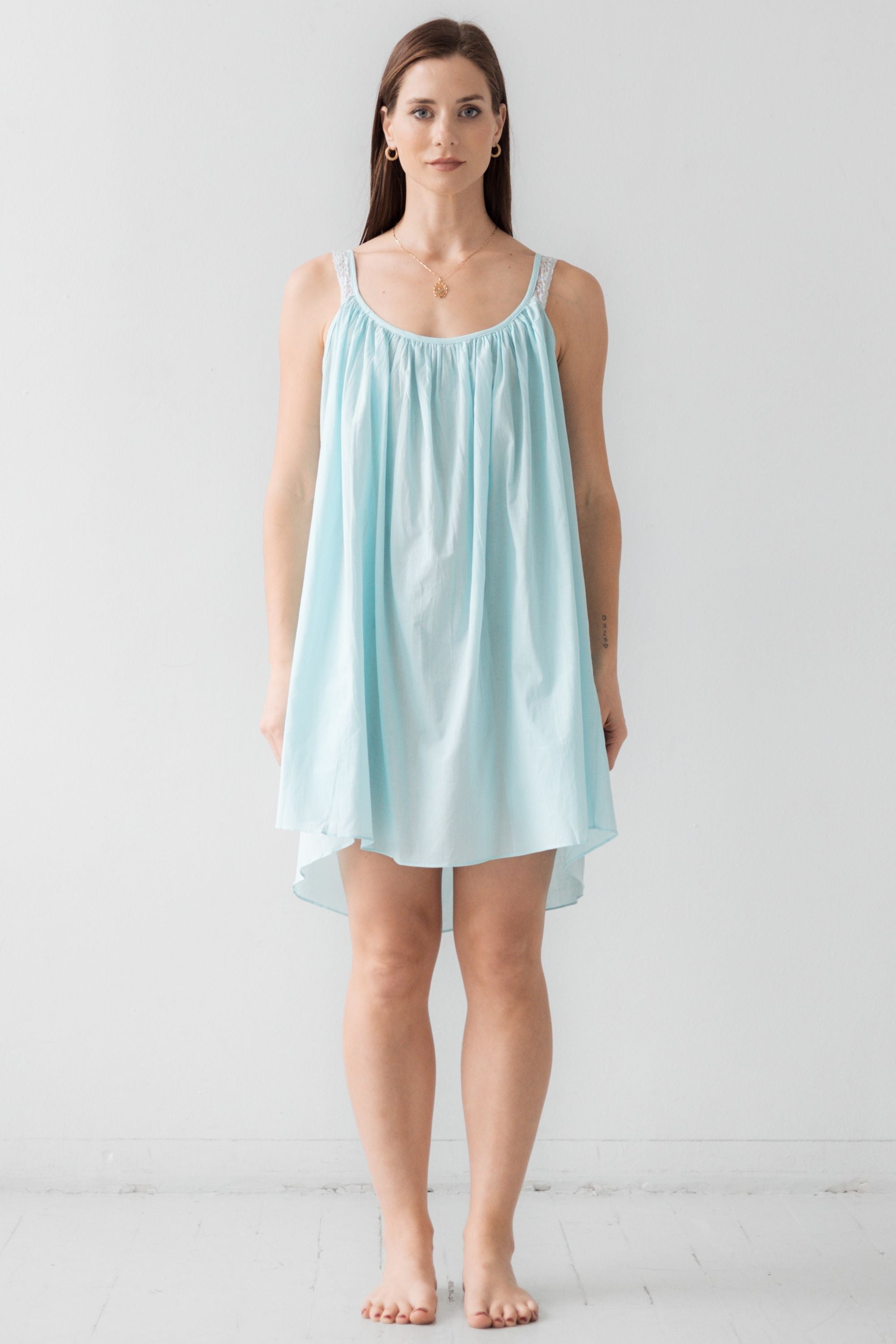Sleeveless Cotton Gown - Lightweight Sleepwear With Soft Gathered Neckline & Lace Straps