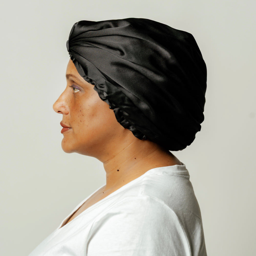Organic Silk Hair Bonnet – Mulberry Silk Bonnet Black | Handmade 22-Momme Sleep Cap