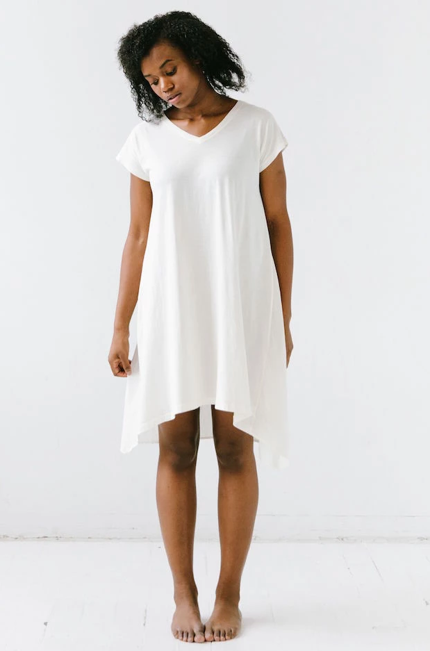 Cap Sleeve Nightgown - Soft Pima Cotton V Neck Nightdress With Asymmetrical Hem