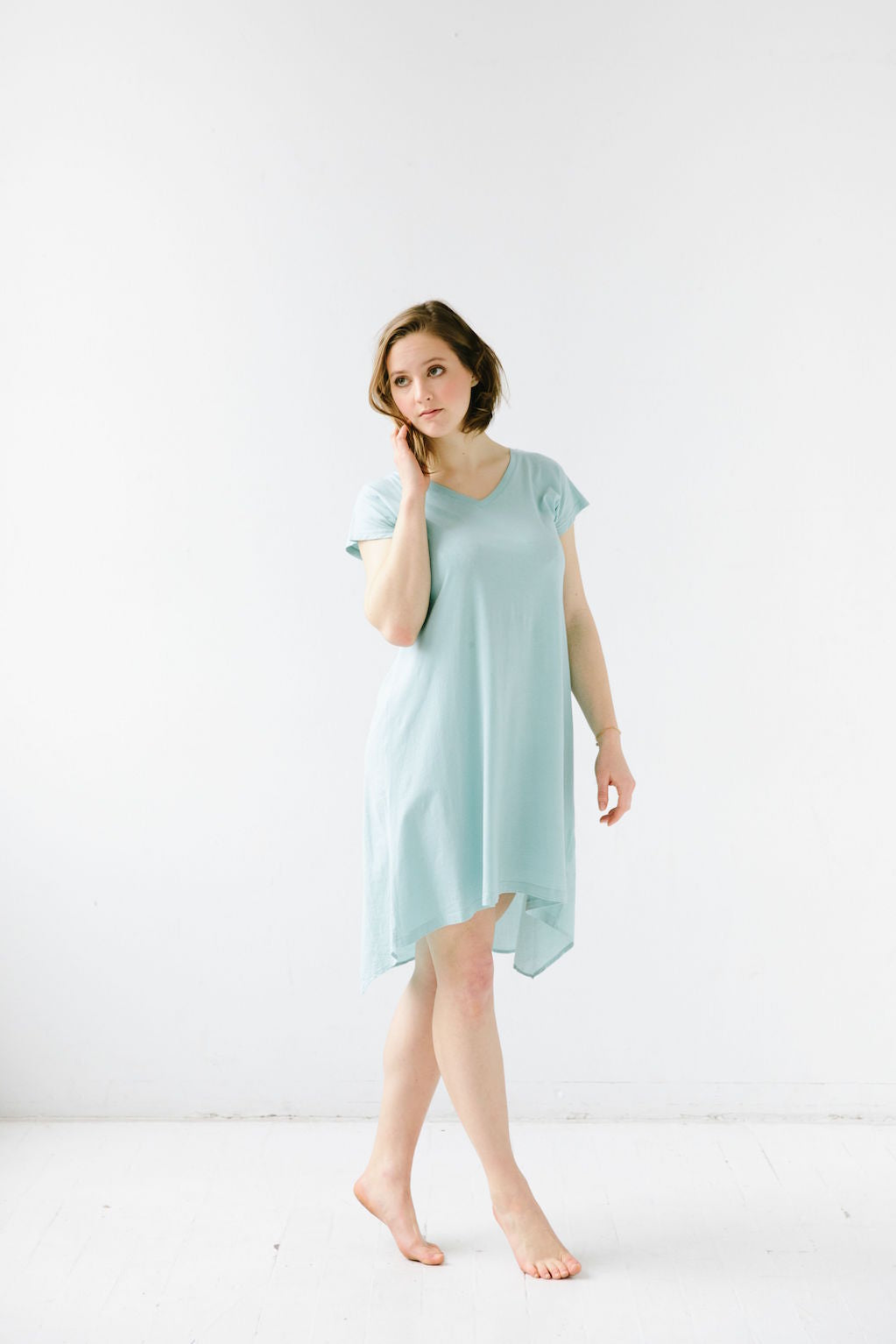 Cap Sleeve Nightgown - Soft Pima Cotton V Neck Nightdress With Asymmetrical Hem