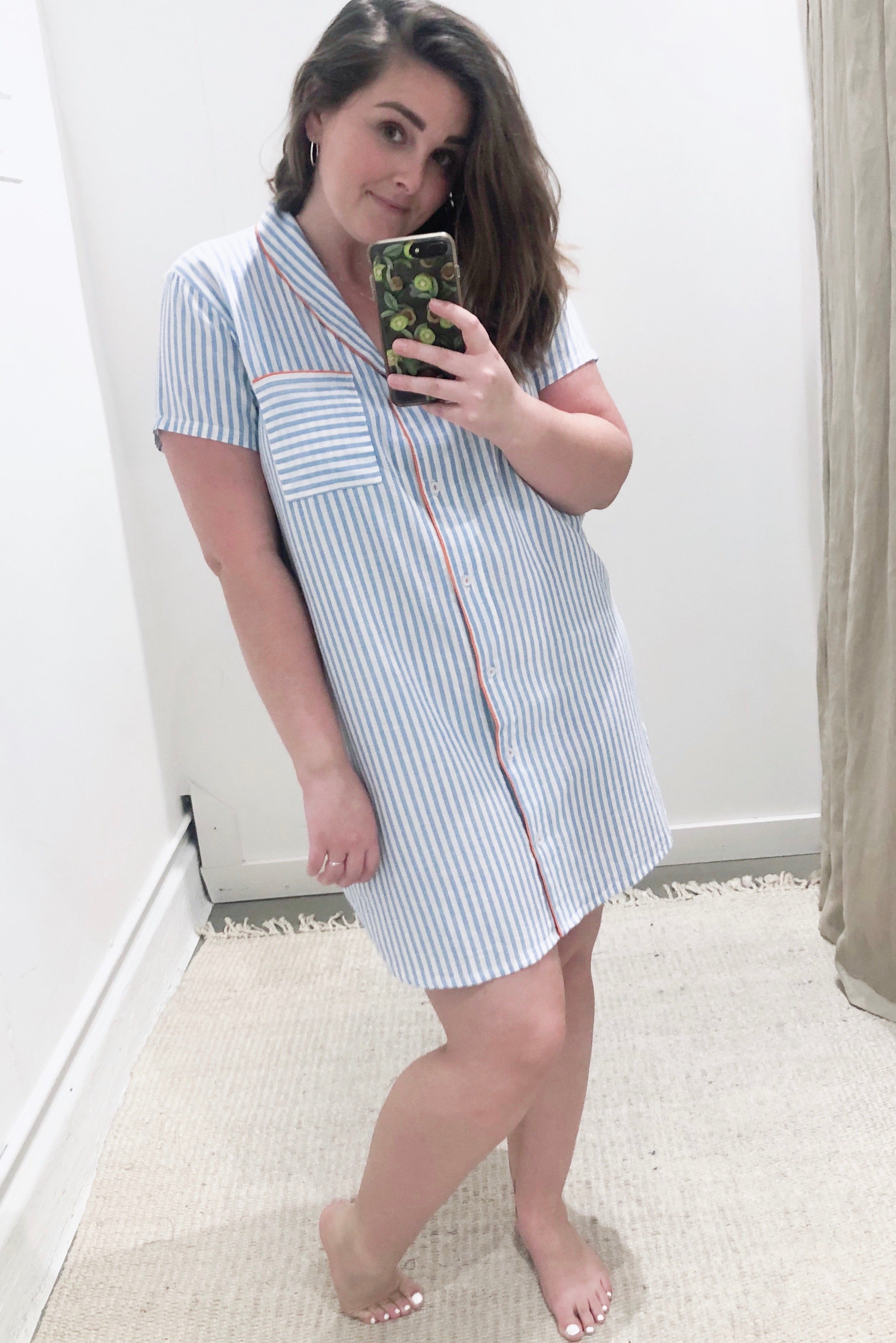 Shawl Collar Shirt - Striped Boyfriend Cotton Woven Shirt for Sleep & Lounge